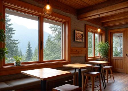 Interior de Cima Dorada con madera y decoración de montaña